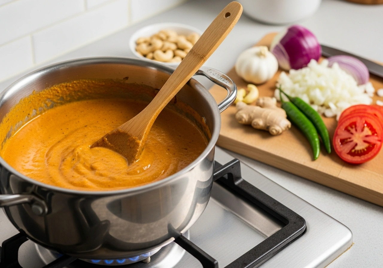 Make Shahi Paneer Gravy Base Heat oil + 1 tbsp butter. Sauté onions, ginger, garlic, and green chilli until golden. Add tomatoes and cook until soft. Blend with soaked cashews into a smooth paste.