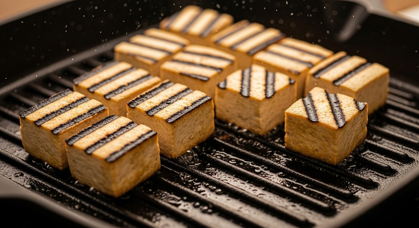Grill tofu Heat oil in a grill pan or tawa. Grill tofu cubes until golden and slightly charred on all sides.