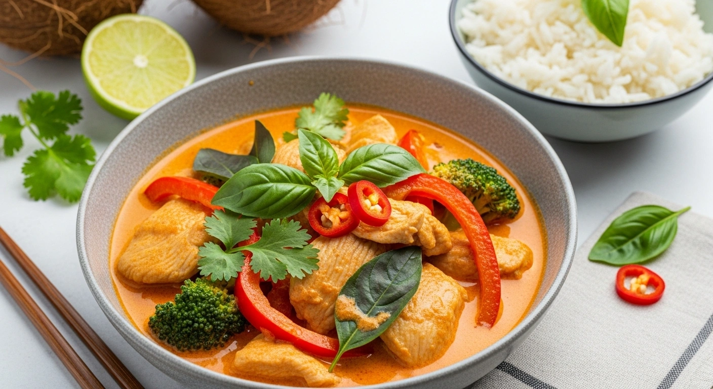Garnished and Served Thai chicken curry