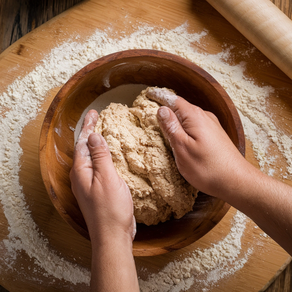 A wooden bowl with bajra flour and warm water being kneaded