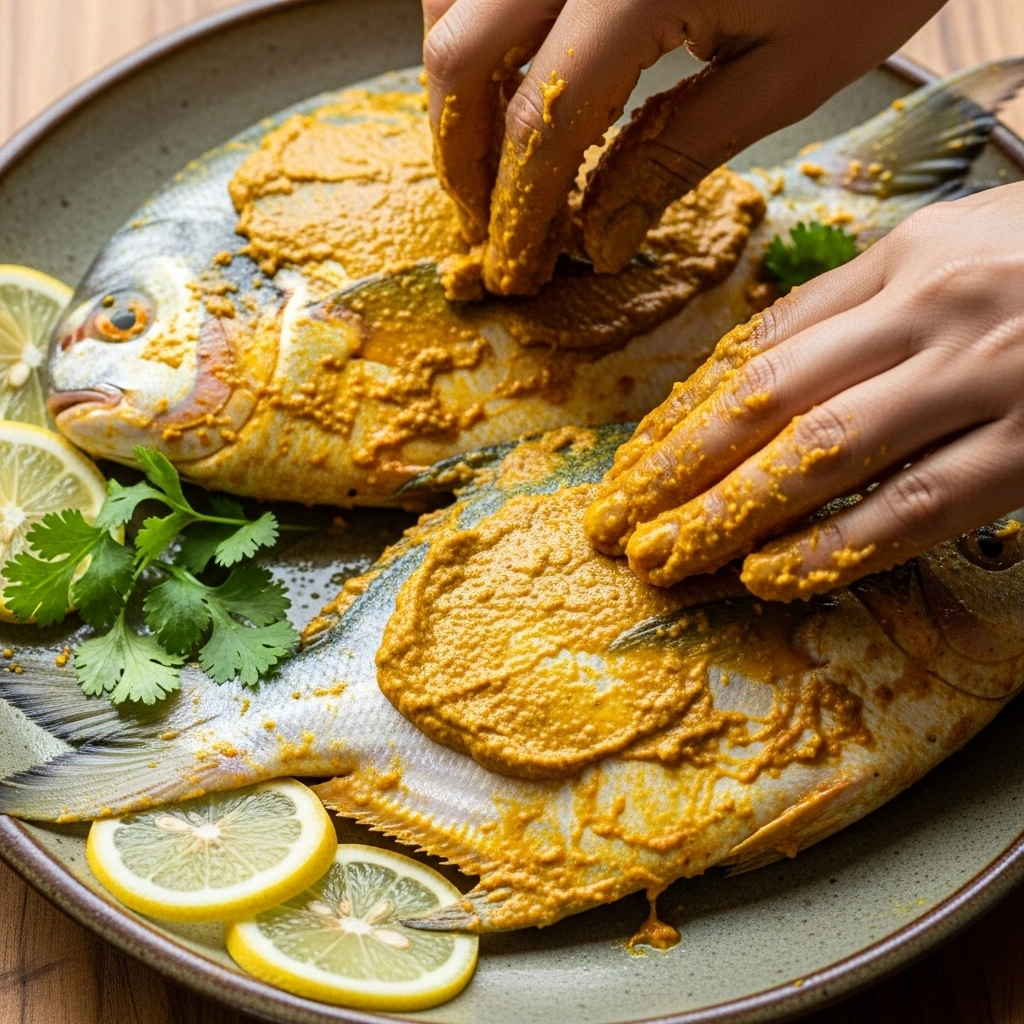 Applying the marinade on the fish