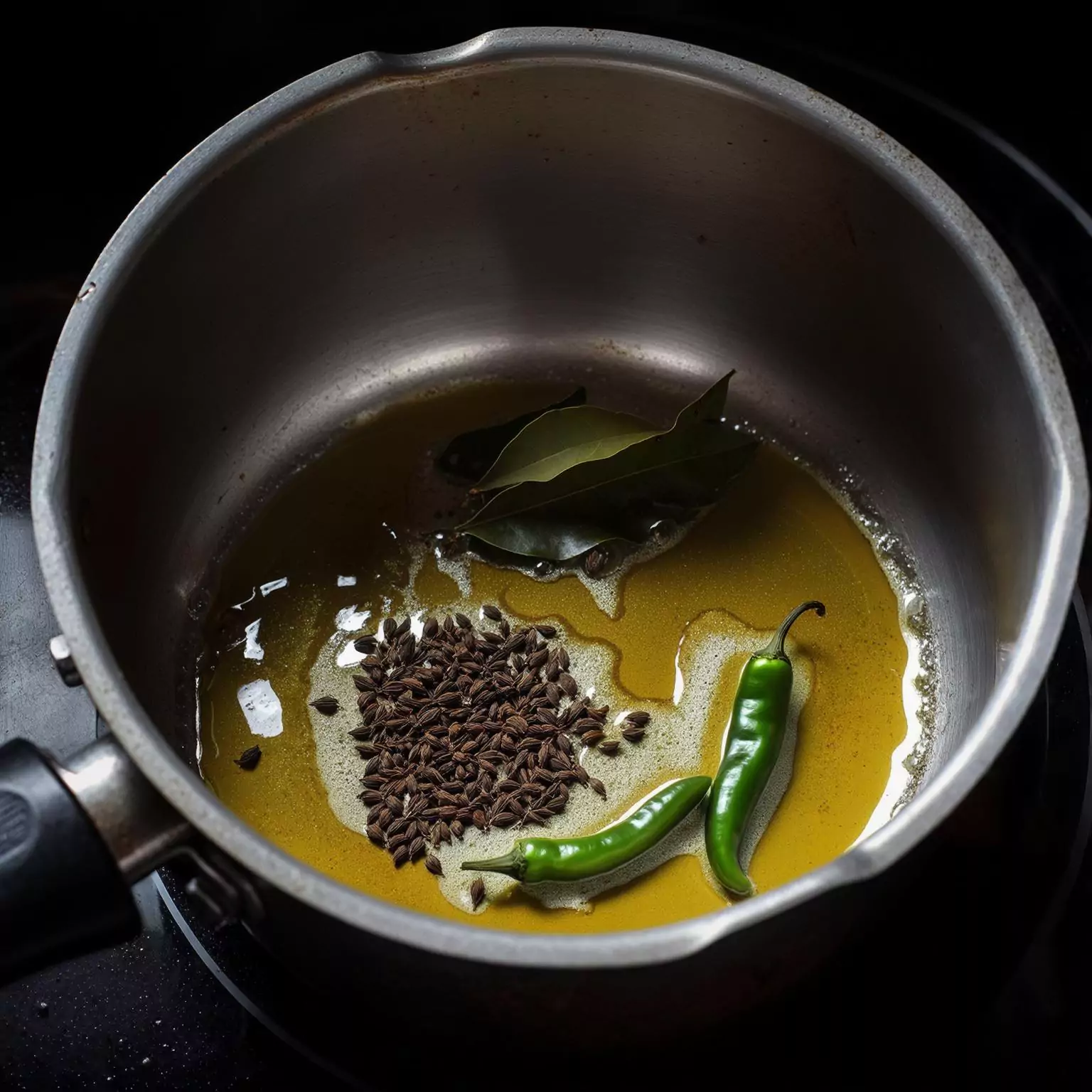 Heat oil in a pan with chillies and spices