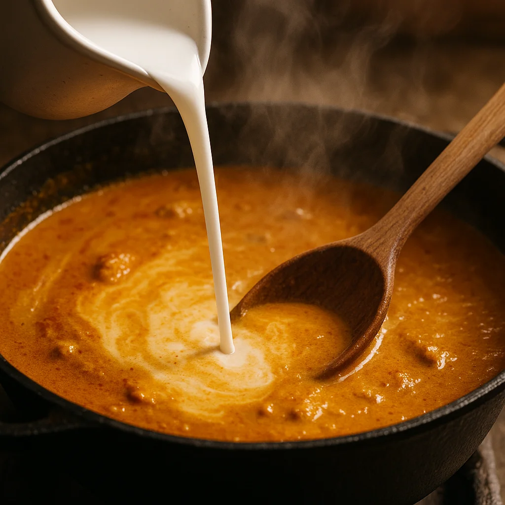 fresh coconut milk being poured into the simmering curry
