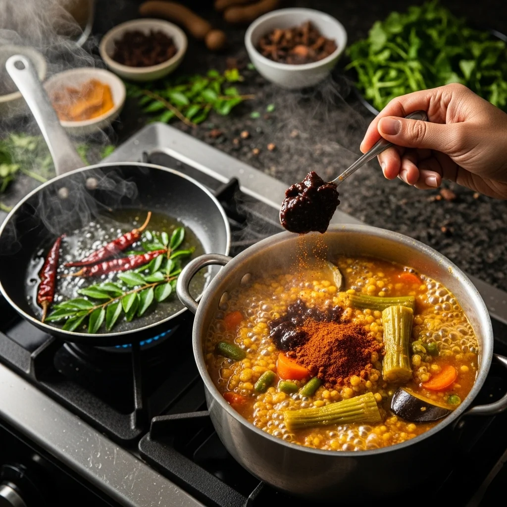 tamarind pulp and sambar powder being added into the bubbling pot of dal and vegetables