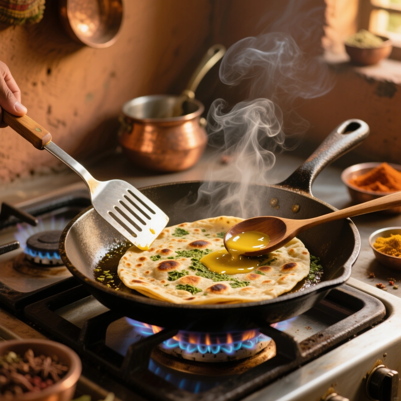 Cooking Methi Roti on Tawa