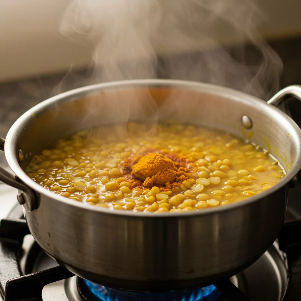 a pot with toor dal simmering until soft, with turmeric powder sprinkled in. Steam rising, giving a homely, warm feel.