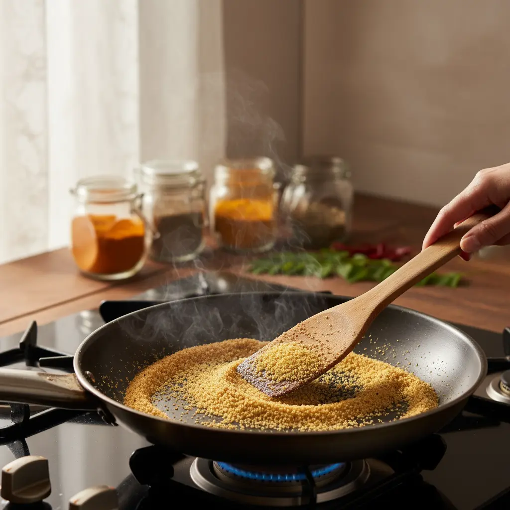 semolina roasting, golden and fragrant, being stirred
