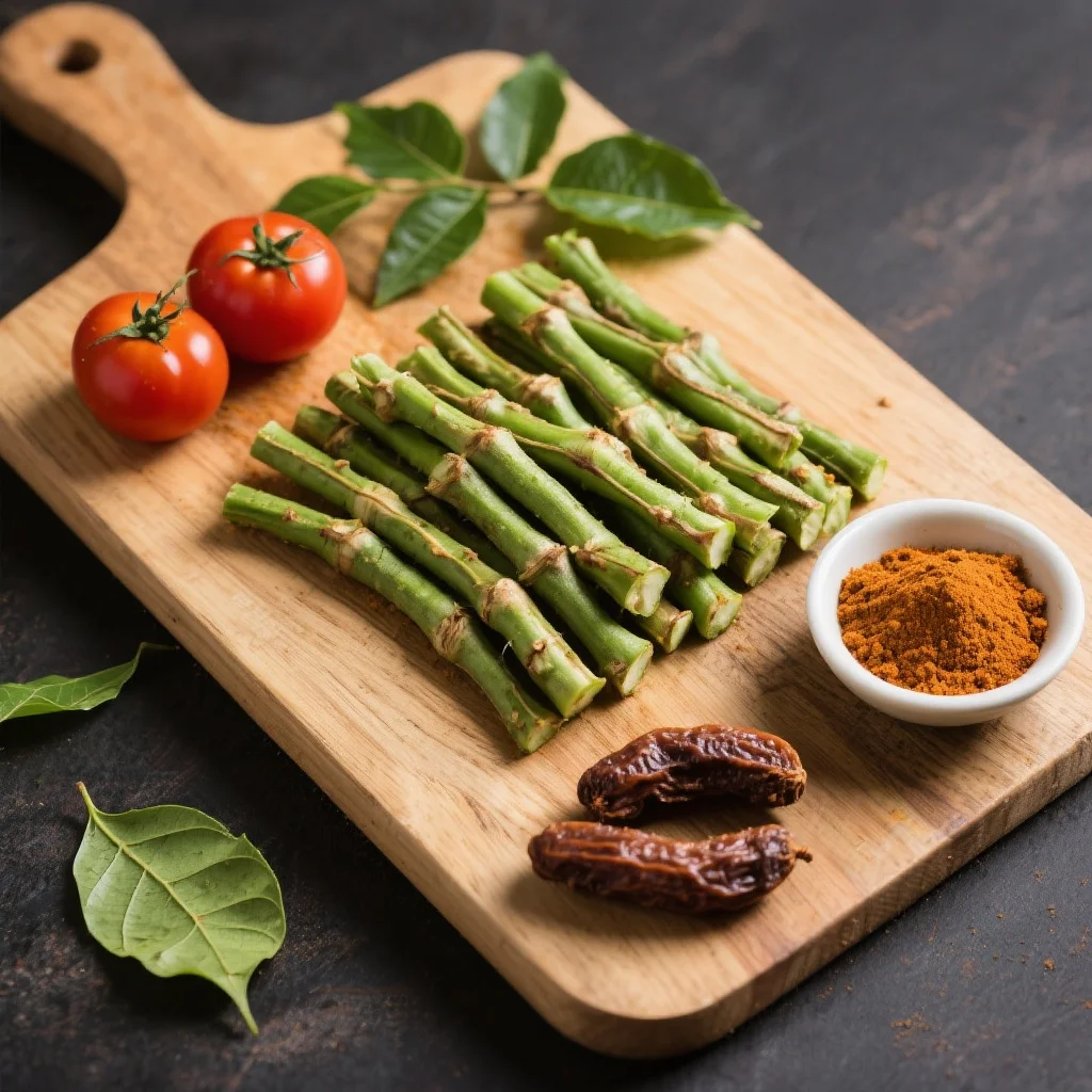 A chopping board with fresh moringa drumsticks cut into long pieces