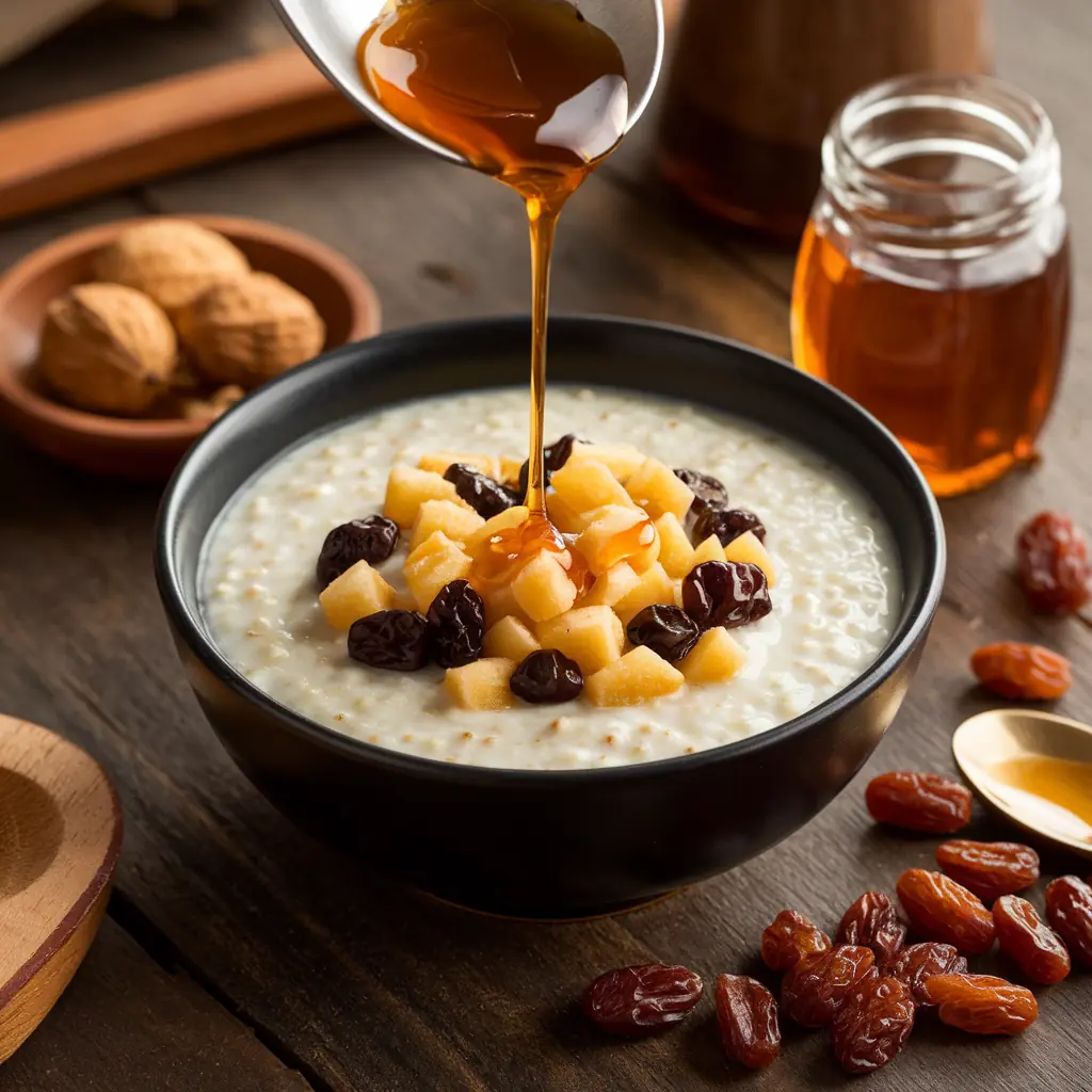 bowl of creamy daliya porridge topped with slivered nuts and raisins