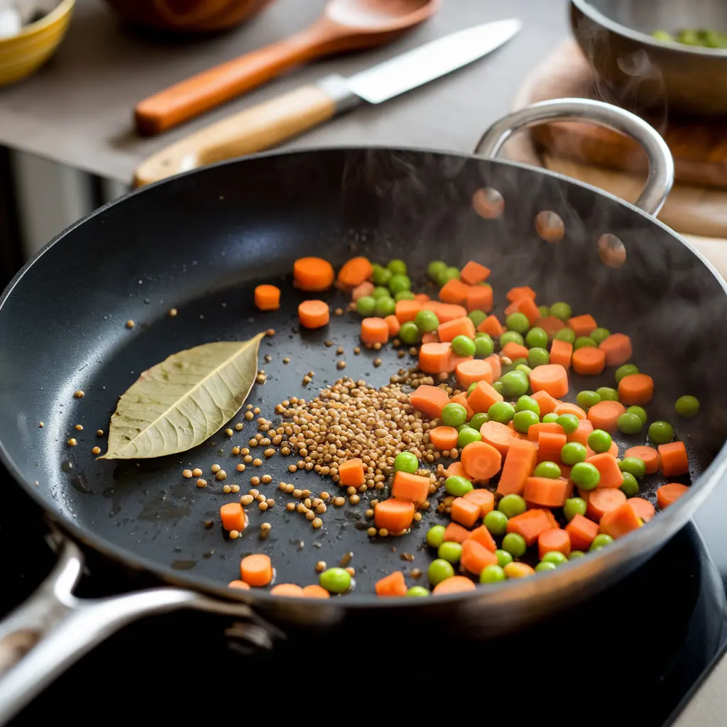 A skillet with curry leaves, mustard seeds, and diced carrots